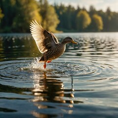 A small yellow duck mid-air as she jumps into a sparkling lake