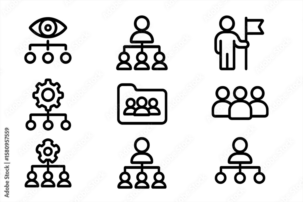Poster minimalistic outline icons of organizational structures and teamwork concepts
