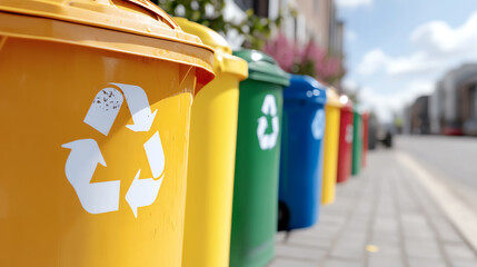 Colorful recycling bins line the street, promoting waste segregation and eco-friendly practices in urban environments.