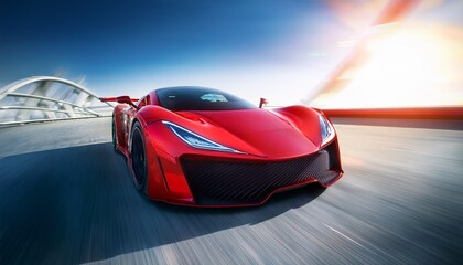 A sleek red sports car racing down a futuristic road, symbolizing speed, power, and advanced automotive design in a dynamic, high-speed environment.