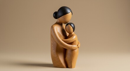 Wooden sculpture of a mother embracing a child with dark hair on a plain brown background
