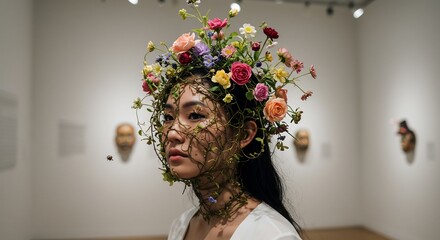 Young woman adorned with a vibrant floral crown and facecovering vines in a whitewalled gallery