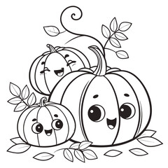 Three happy cartoon pumpkins with smiling faces and leaves on a white background perfect for autumn coloring pages and fall decorations