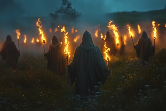 Members of a secret society walking at dusk in a field carrying burning torches during a ritual - Powered by Adobe