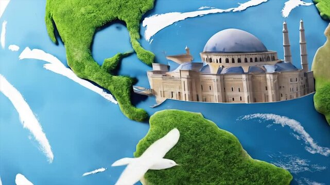 Artistic globe with 3D mosque and flying birds. Stylized world map with Middle East focus. Vibrant Earth illustration with blue dome.