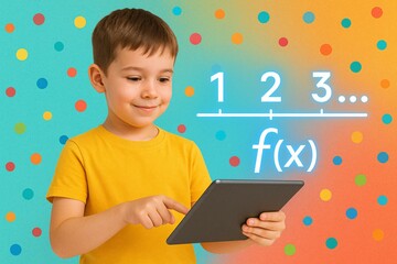 Young Child Engaged in E-Learning with Tablet and Math Graphics on Colorful Background