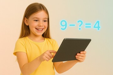 Young Girl Engaged in E-Learning and Interactive Math on Tablet
