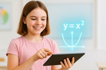 Young Girl Engaging in Interactive E-Learning with Tablet and Virtual Math Concept