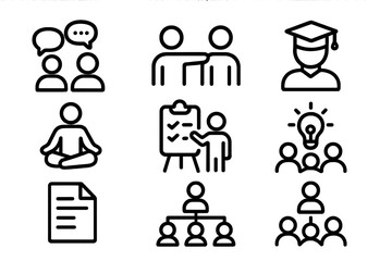 Flat icon set: education, communication, mindfulness, teamwork, and leadership