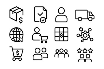 Minimalist e-commerce icons set featuring shopping and global trade concepts