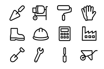 Construction tools and safety equipment icons on black background