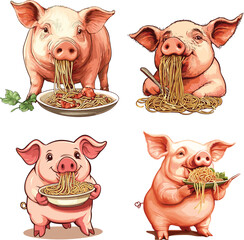 pig eating spaghetti vector style on white background 