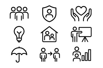 Black linear icons representing community, protection, education, and growth on dark background