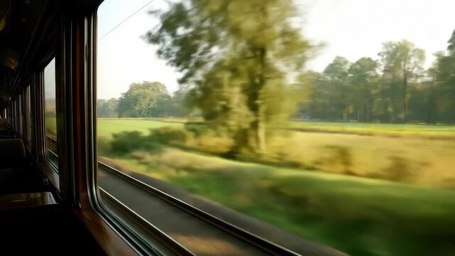 Scenic train journey through green landscape view from window seat