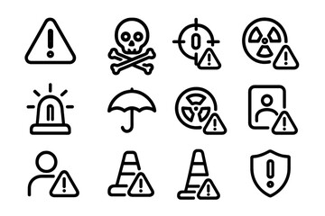 Black line safety icons set: danger, alert, hazard, and warning symbols