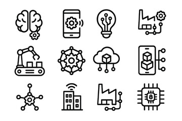 Industrial technology icons set with brain, gear, and network symbols in linear style