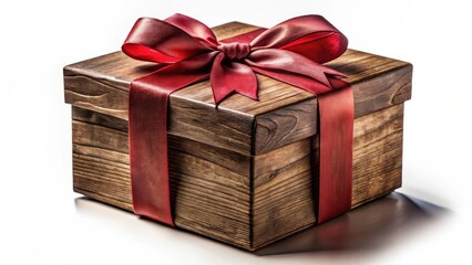 Rustic Wooden Gift Box with Elegant Red Ribbon Bow, Perfect for Special Occasions and Festive Celebrations