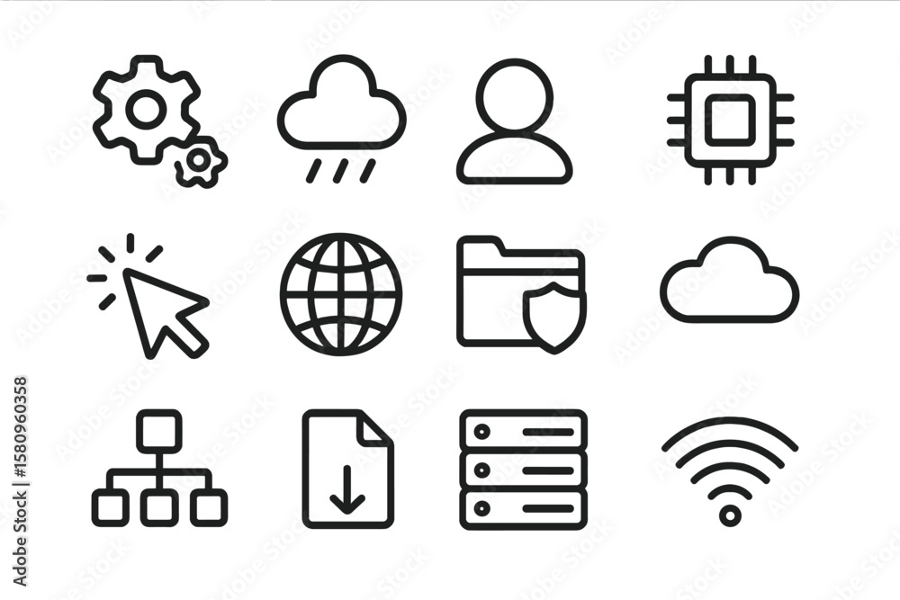 Poster monochrome linear technology icons set with cloud and networking elements