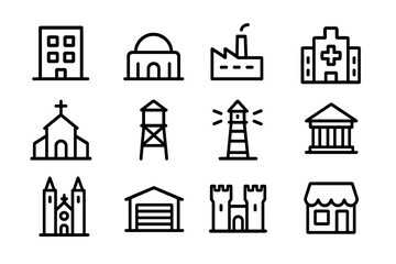 Linear black icons of buildings and landmarks on gradient background