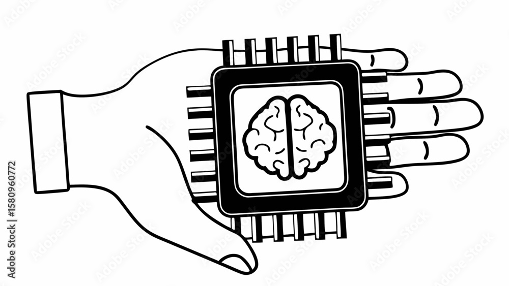 Fototapete hand holding a computer chip with a brain symbol inside of it