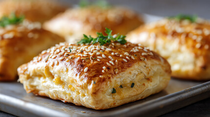Freshly baked savory pastries with golden crust, topped with sesame seeds, perfect for snacks or party appetizers.