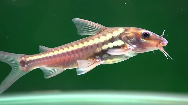 Striped Freshwater Fish with Barbels Swimming in an Aquarium with Green Background