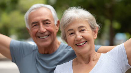 Happy senior couple enjoying outdoor activities, embracing life and health, showcasing joy in their golden years.