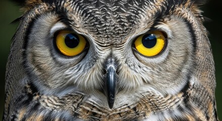 Fototapeta premium Great Horned Owl Closeup Bright Yellow Eyes Gray Brown Feathers Wildlife Portrait