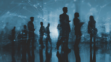 Obraz premium Silhouetted figures in an urban environment, representing teamwork, collaboration, and digital connectivity in the modern world.