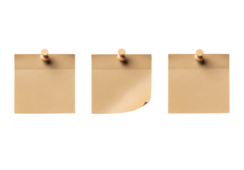 Three brown kraft paper sticky notes pinned with wooden tacks, mockup. Isolated on transparent background, png