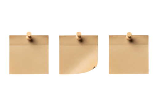 Three brown kraft paper sticky notes pinned with wooden tacks, mockup. Isolated on transparent background, png