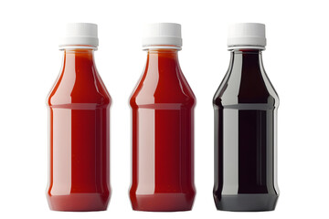 Three bottles of sauce with white caps: ketchup, barbecue sauce, soy sauce