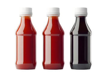 Three bottles of sauce with white caps: ketchup, barbecue sauce, soy sauce