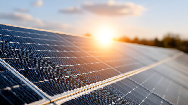 Solar panels capturing sunlight at sunrise, showcasing renewable energy technology for a sustainable future.