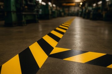 Industrial facility floor with yellow and black safety lines guiding pathway