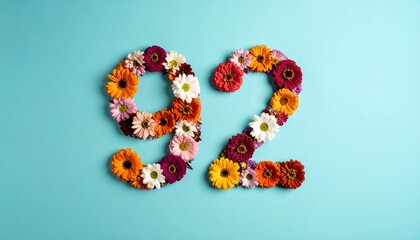 Number 92 made out of flowers with colored background. Photo for 92nd birthday or anniversary party