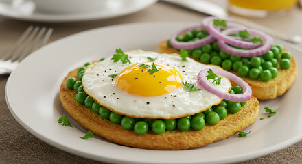 Fried Egg and Pea Toast with Red Onion and Parsley