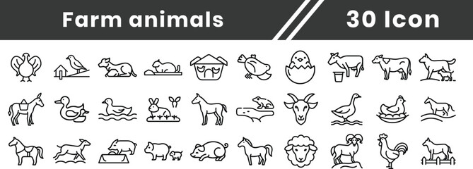 Set of Farm animals icons including barn, hay, cattle, poultry, sheep, pig, farming tools, feeding, rural life, animal husbandry, farm management icons