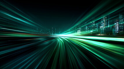 vector green light line with futuristic motion effect and abstract automobile blur, glowing trail and beam streak in city design, dynamic disco background for speed illustration and night.