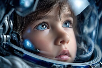 Young child in astronaut helmet gazing at the stars with wonder and curiosity