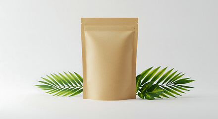 Kraft Paper Sachet Packaging Mockup with Tropical Leaves