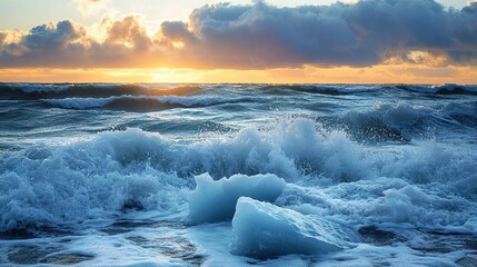 Rising waves meet cracked ice under a stormy sky, a stark reminder of sea level urgency.