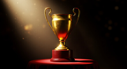 Glowing Gold Trophy on Velvet Podium with Dramatic Spotlight and Subtle Bokeh