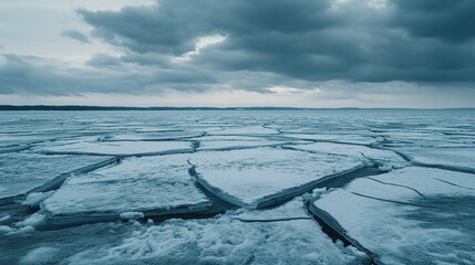Rising waves meet cracked ice under a stormy sky, a stark reminder of sea level urgency.