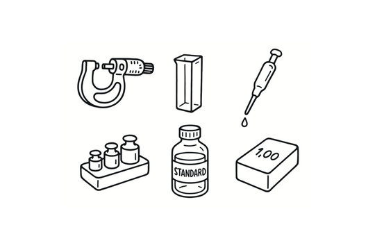 hand drawn cute doodle style isolated accuracy micrometer caliper accuracy spectrophotometer cuvette accuracy pipette calibration tool accuracy balance accuracy reference standard solution