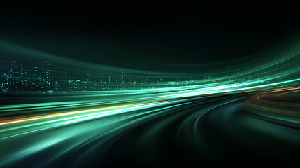 vector green light line with futuristic motion effect and abstract automobile blur, glowing trail and beam streak in city design, dynamic disco background for speed illustration and night.