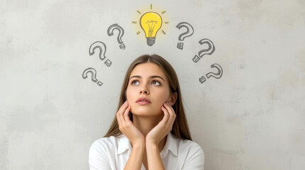 Thoughtful young woman, questions and idea, contemplative young American woman, wearing a white shirt, is looking upwards with her chin resting on her hands