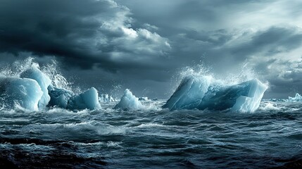Rising waves meet cracked ice under a stormy sky, a stark reminder of sea level urgency.