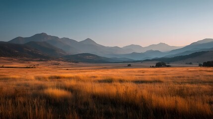 Expansive dry grass field with distant mountain range at golden hour