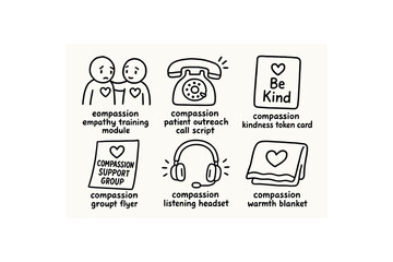 hand drawn cute doodle style isolated compassion empathy training module compassion patient outreach call script compassion kindness token card compassion support group flyer compassion
